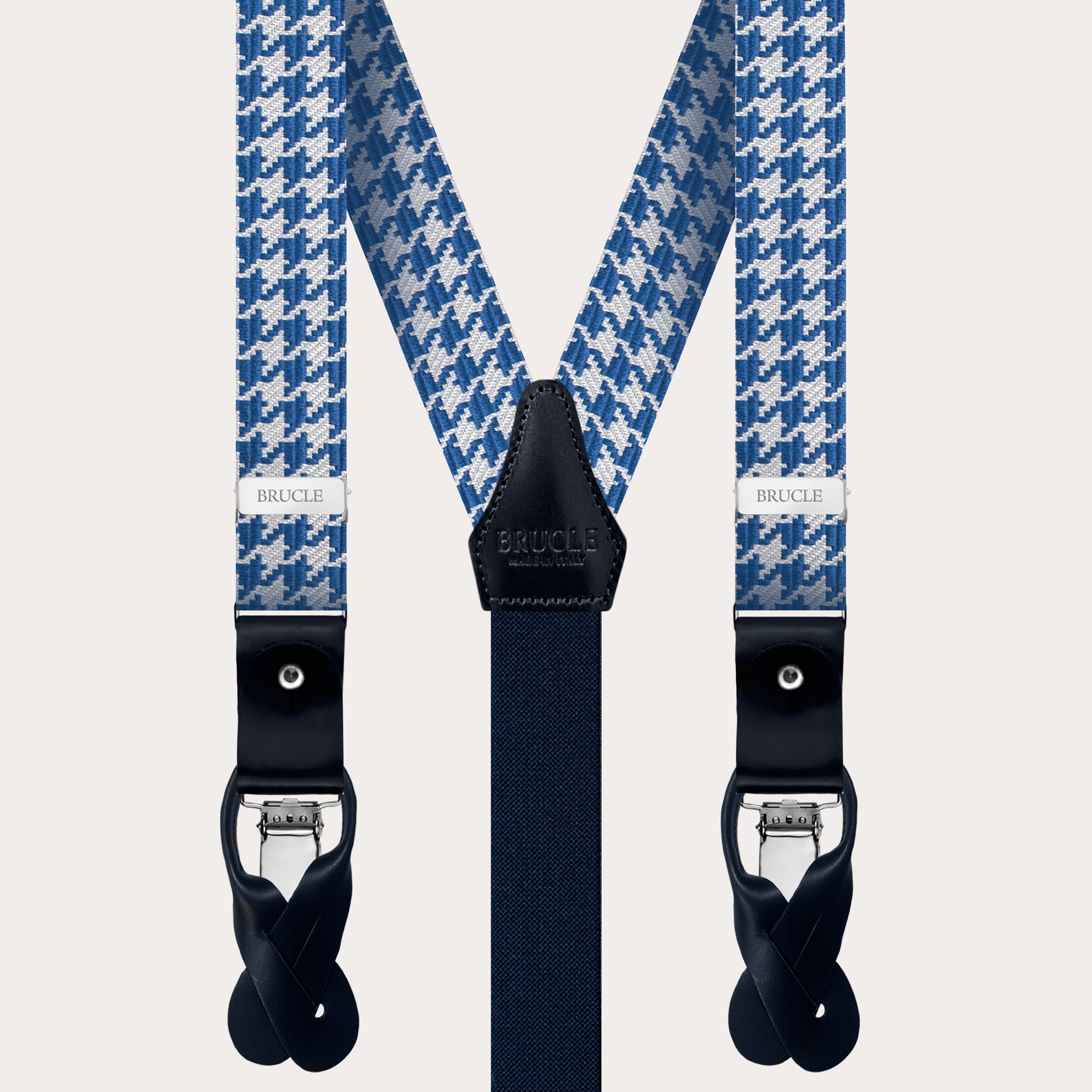BRUCLE Thin suspenders in silk with white and blue houndstooth motif