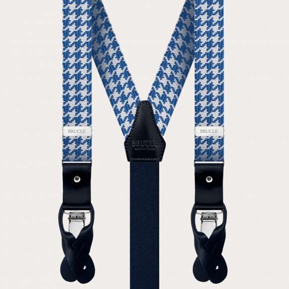 BRUCLE Thin suspenders in silk with white and blue houndstooth motif
