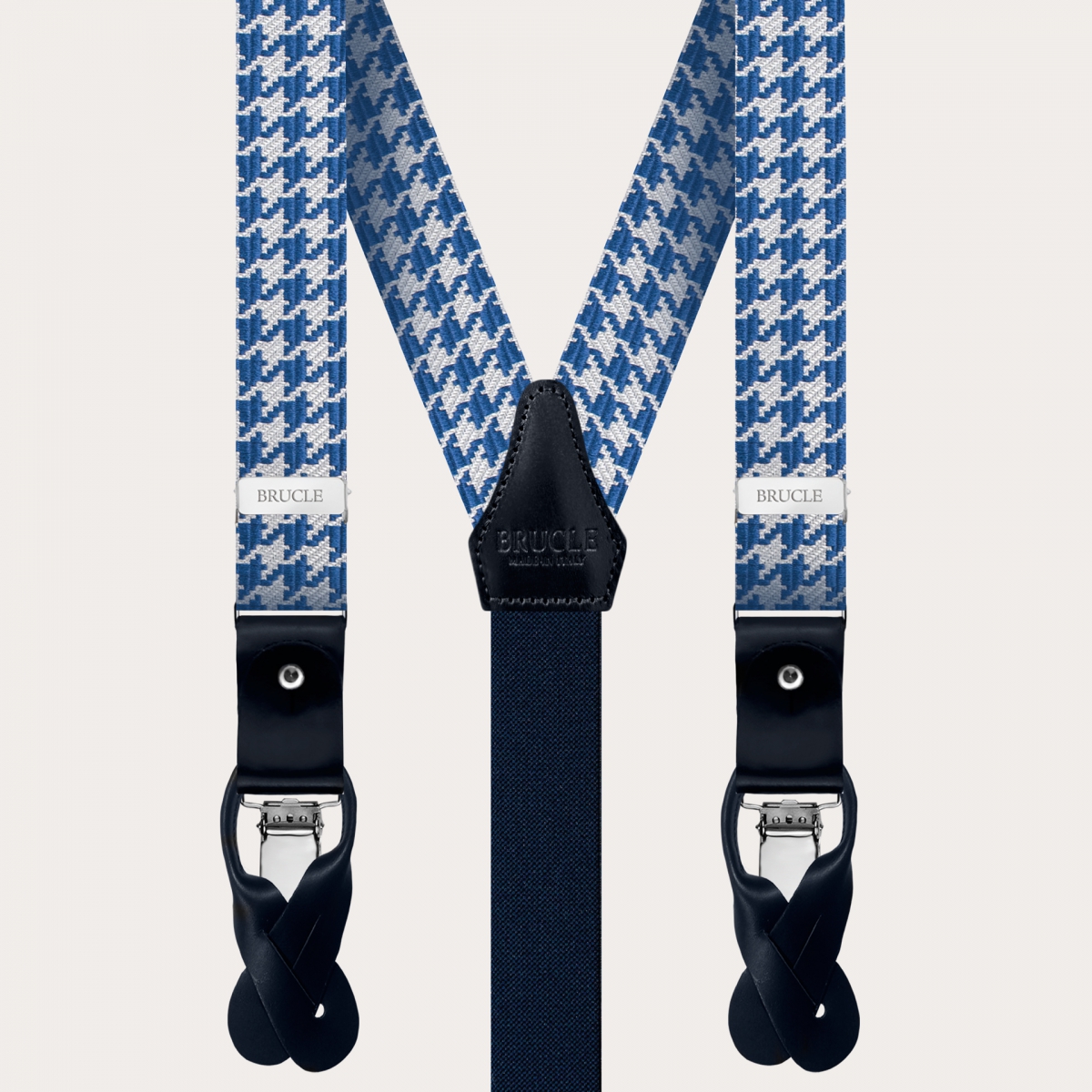 BRUCLE Thin suspenders in silk with white and blue houndstooth motif