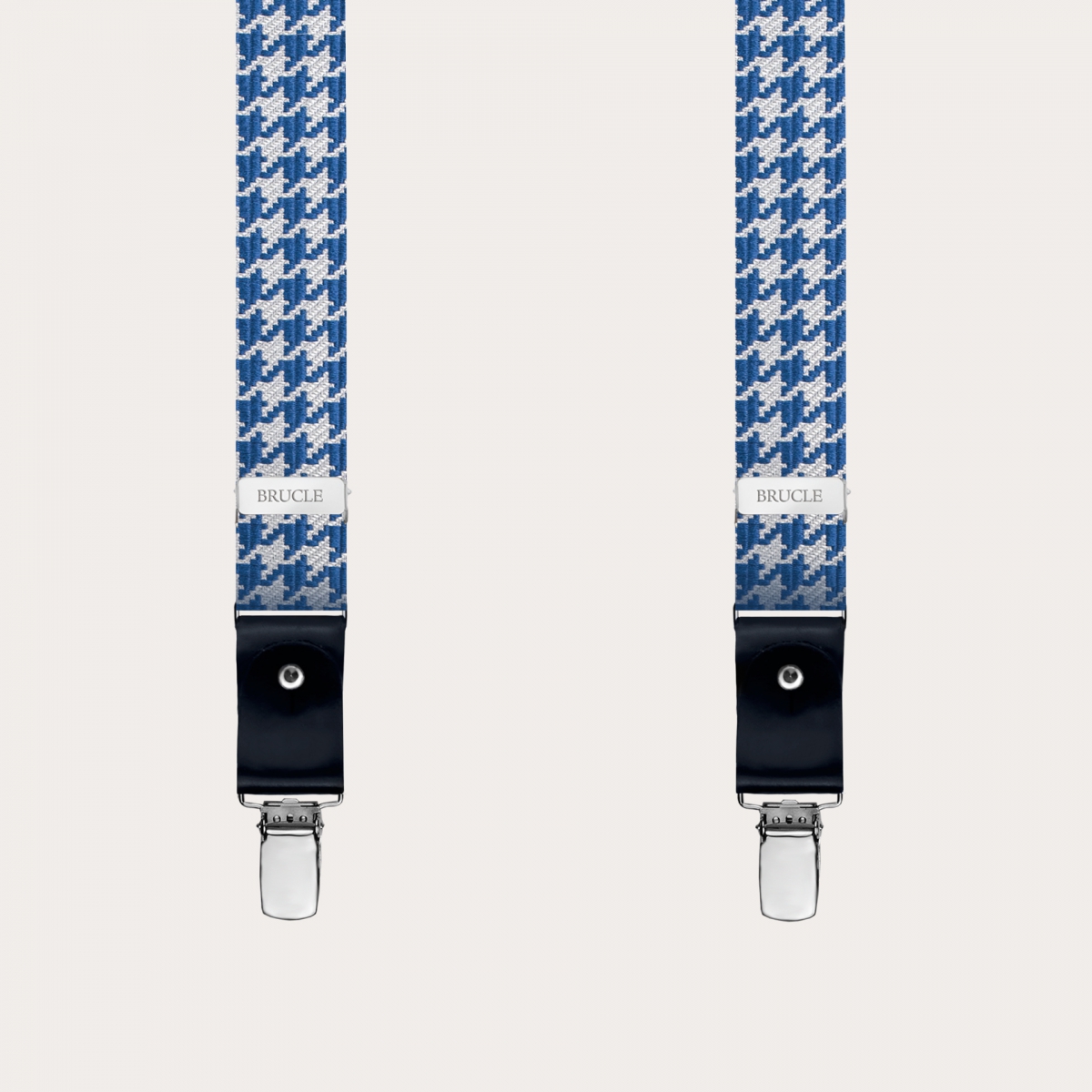 BRUCLE Thin suspenders in silk with white and blue houndstooth motif