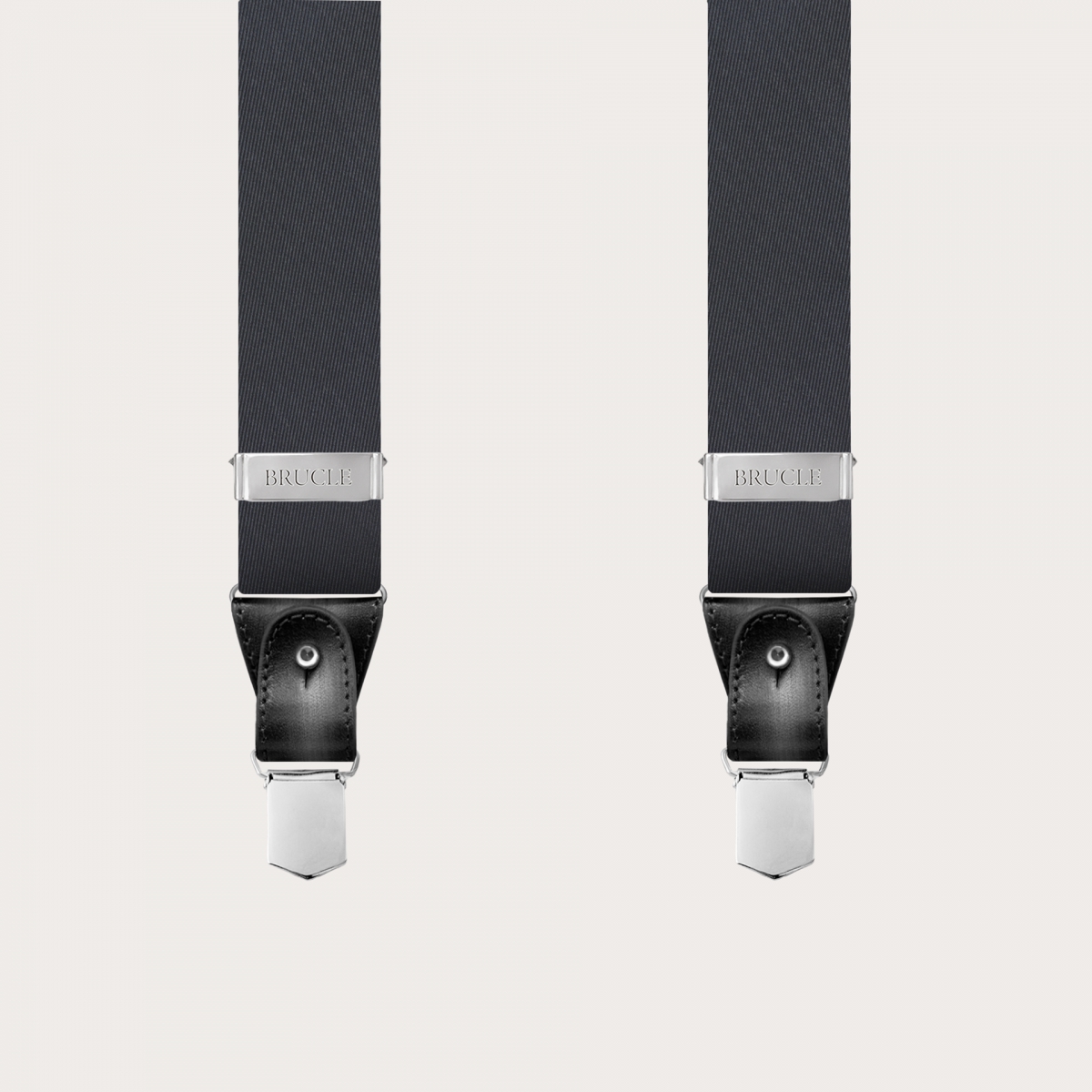 Elegant grey silk suspenders with handshaded leather parts
