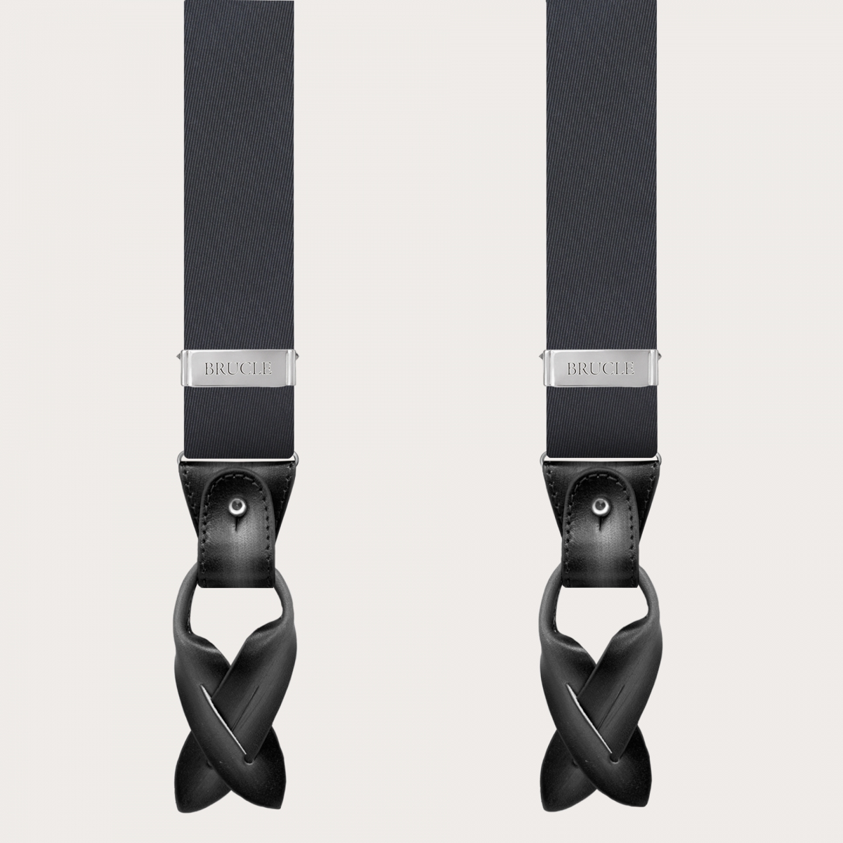 BRUCLE Elegante Hosenträger aus grauer Seide mit von Hand schattierten Lederteilen