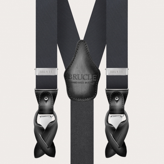 BRUCLE Elegante Hosenträger aus grauer Seide mit von Hand schattierten Lederteilen