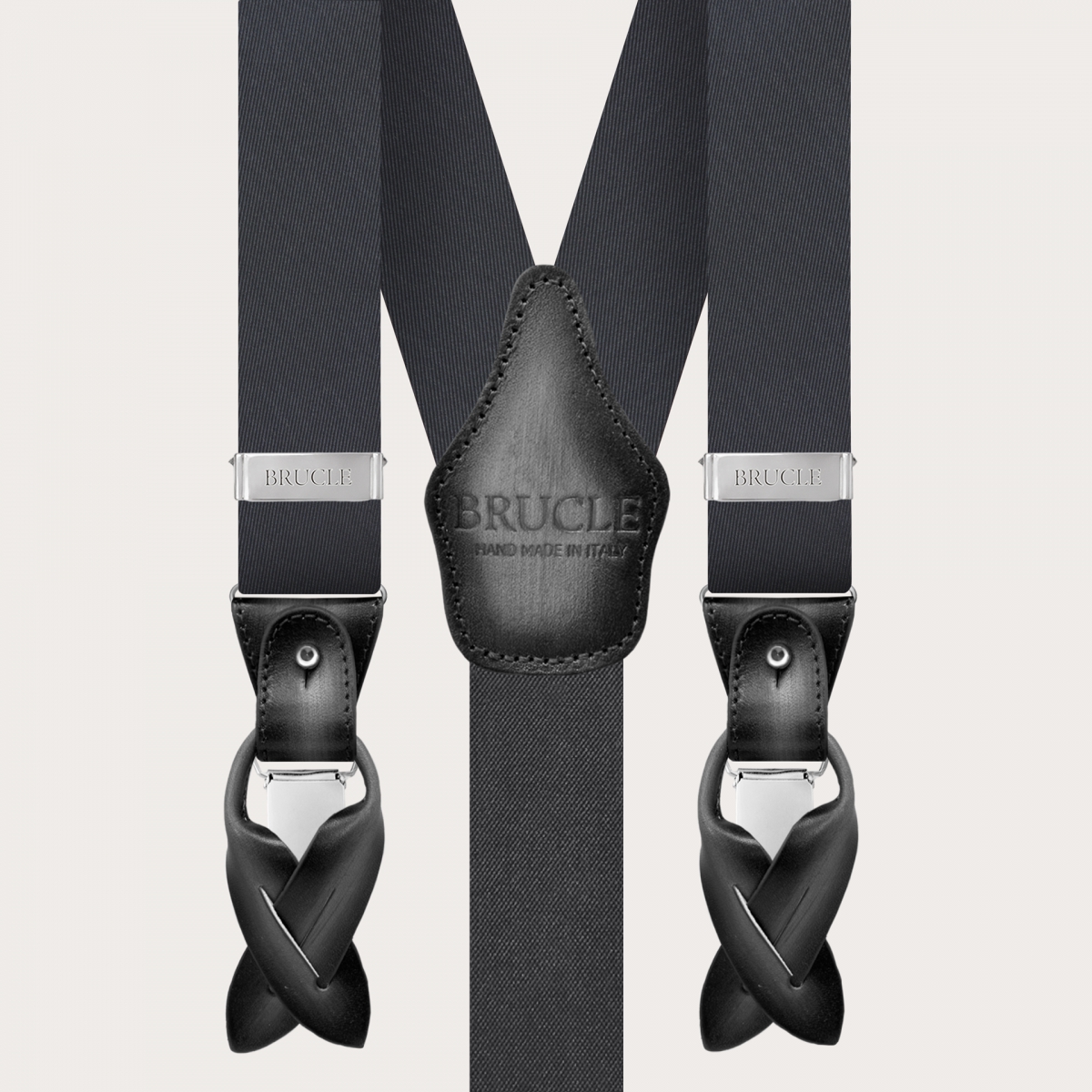 Elegant grey silk suspenders with hand-shaded leather parts
