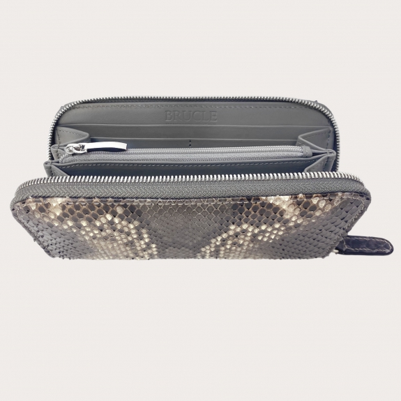 Python leder Damen-Geldbörse mit umlaufenden Reißverschluss grau