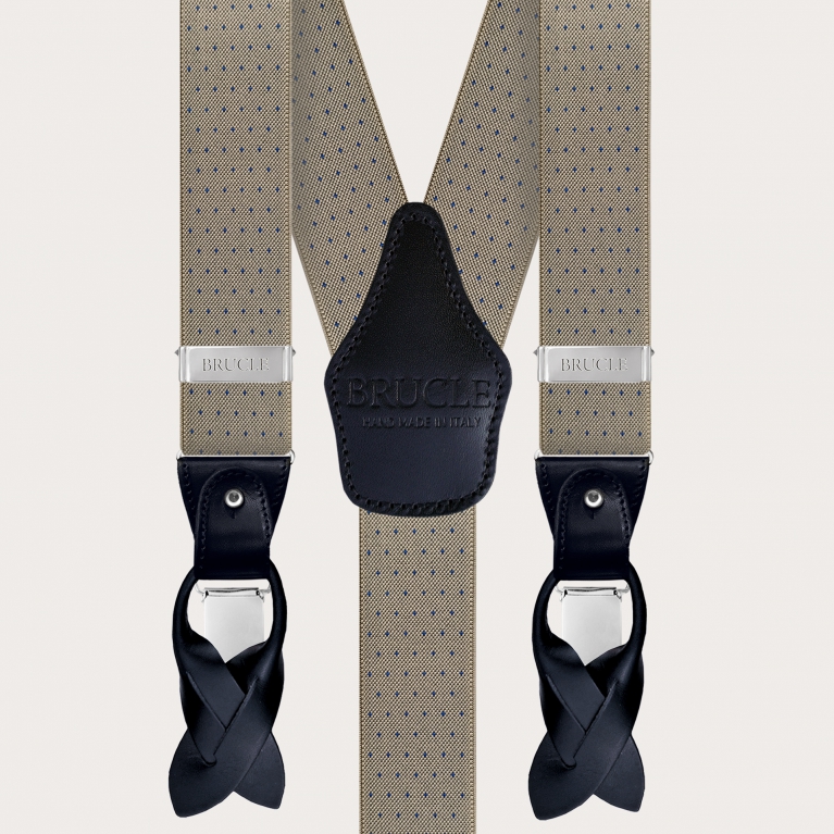 Y-shape beige elastic suspenders with dotted pattern