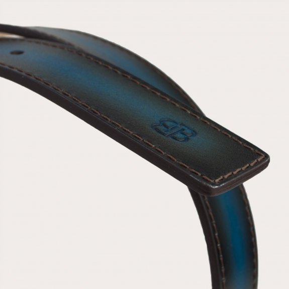 Genuine handbuffered leather belt, blue shaded dark brown