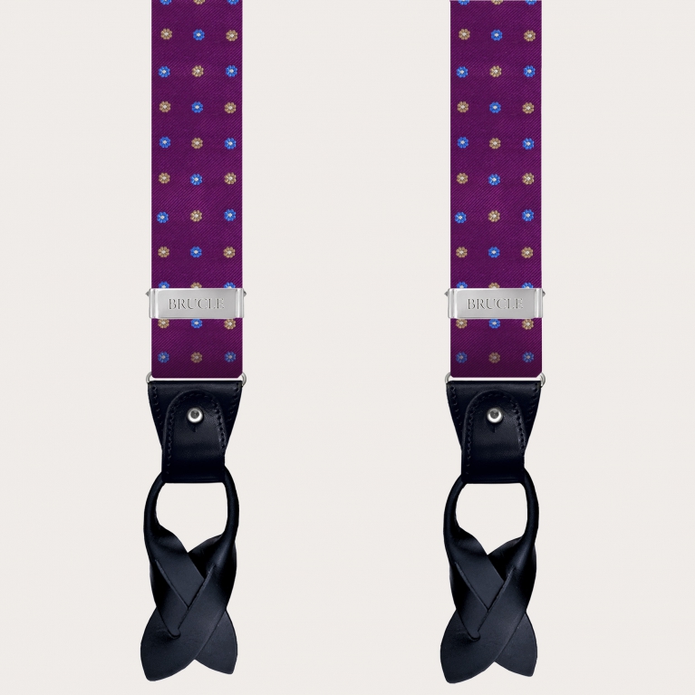 Formal Y-shape suspenders in tubular silk with flowers, purple