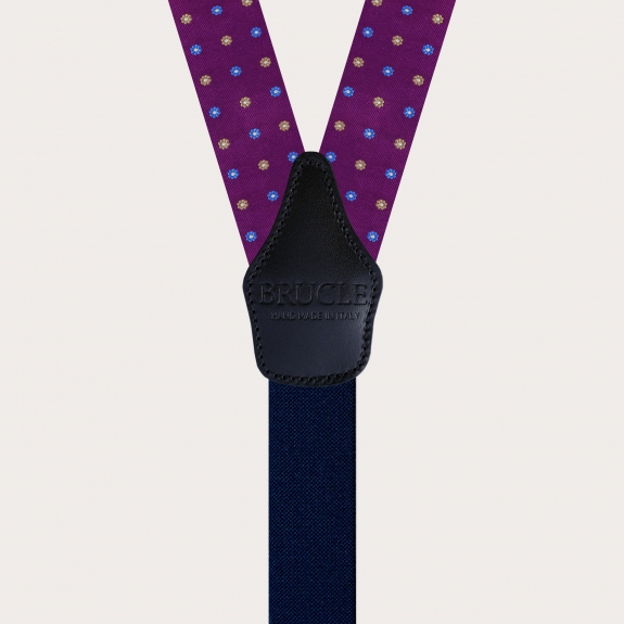 Formal Y-shape suspenders in tubular silk with flowers, purple