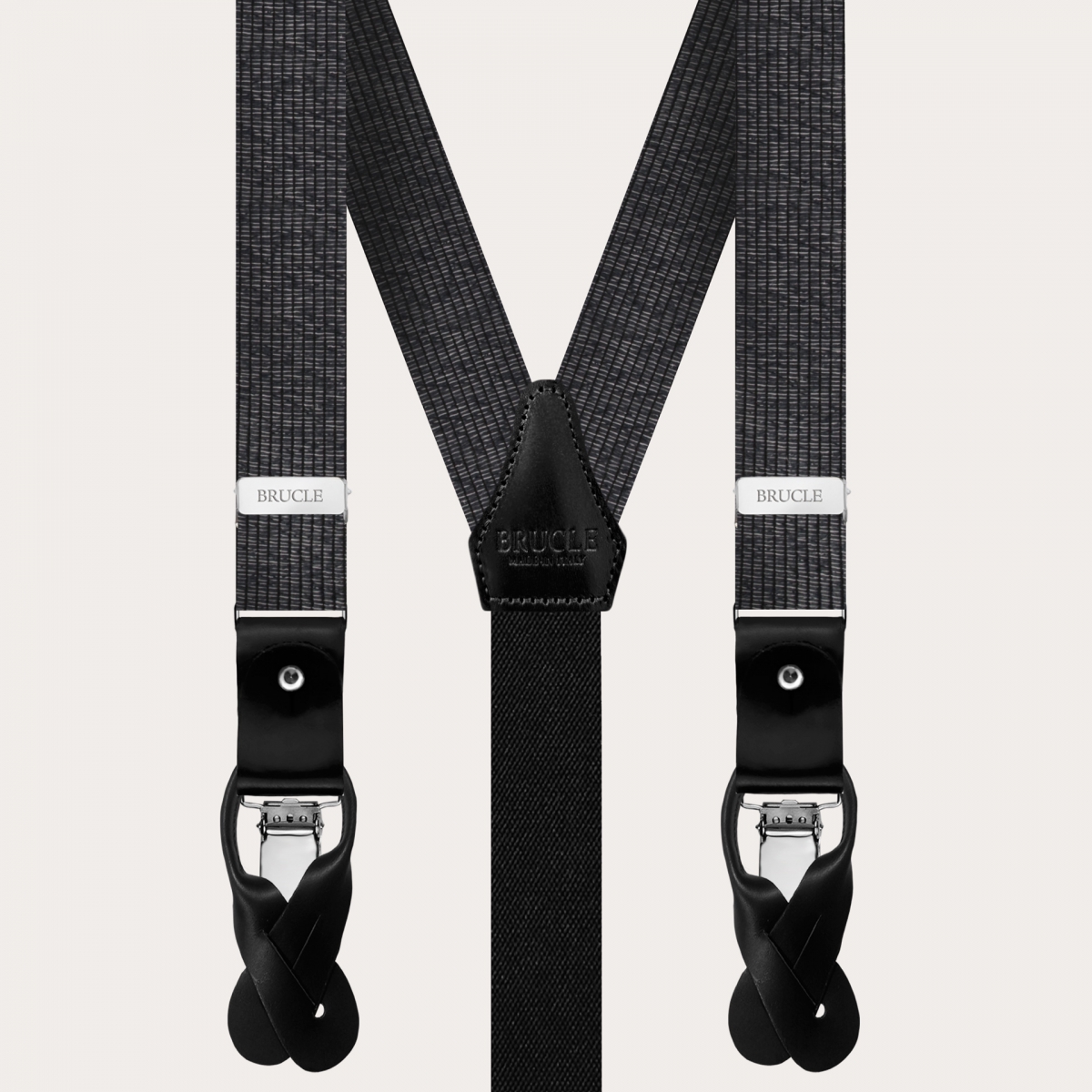 BRUCLE Thin suspenders in bright black and silver melange silk
