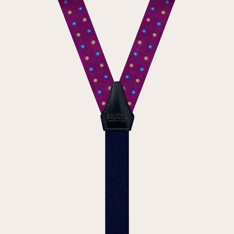 Elegant thin suspenders in purple silk with floral pattern