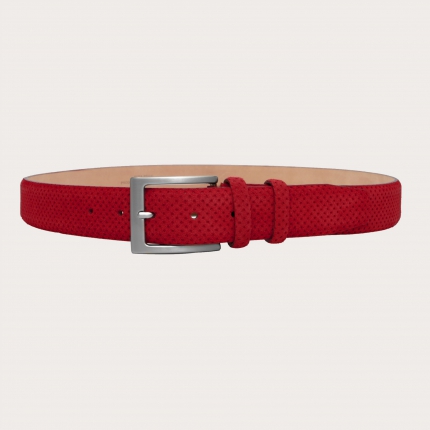 Red belt in drilled pattern suede leather