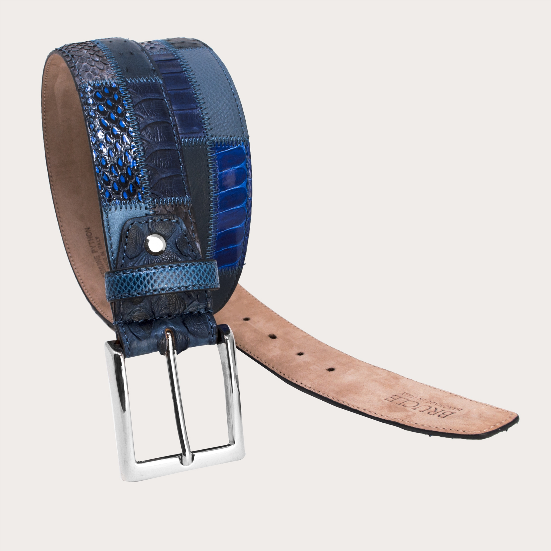 Patchwork python belt in shades of blue