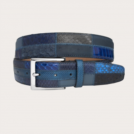 Patchwork python belt in shades of blue