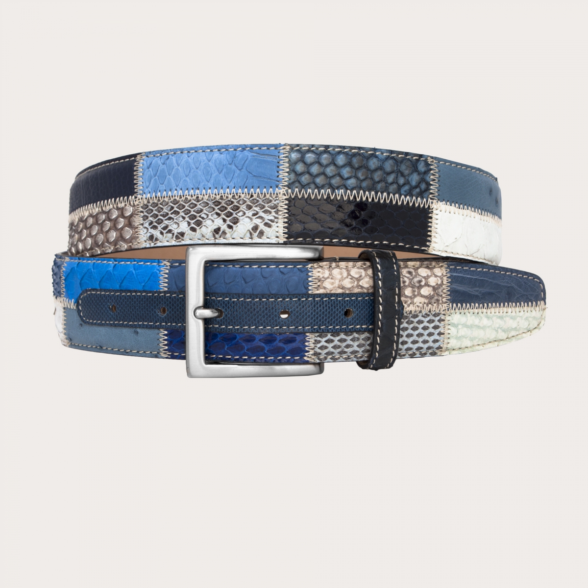 Blue patchwork python belt