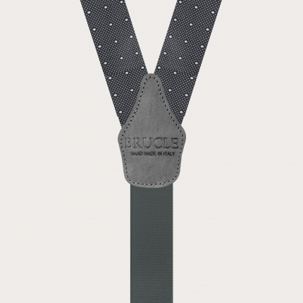 Suspenders in grey polka dot jacquard silk with hand-colored leather parts