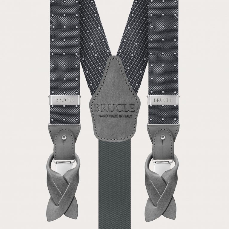 Suspenders in grey polka dot jacquard silk with hand-colored leather parts
