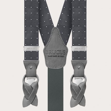 Hosenträger aus Jacquard-Seide mit grauen Punkten und handkolorierten Lederteilen