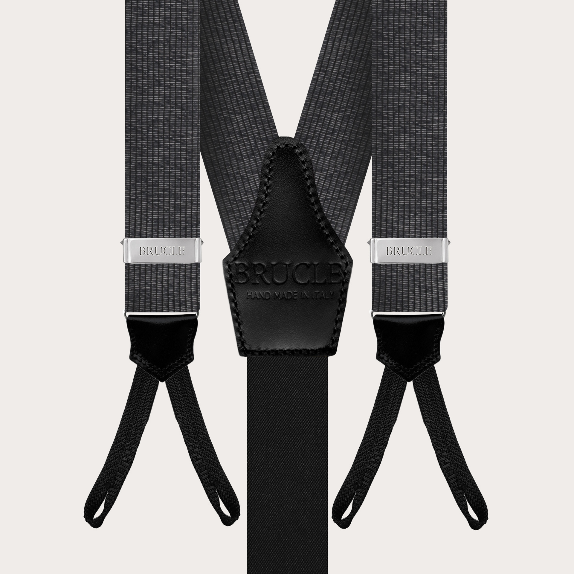 Elegant black and silver melange silk suspenders with buttonholes