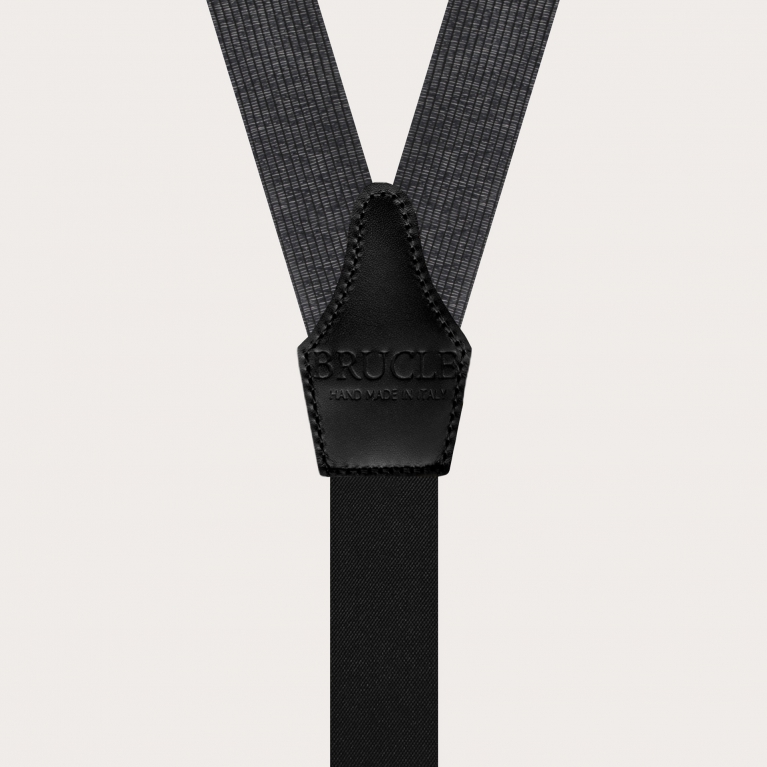 Elegante schwarze und silbermelierte Seiden-Hosenträger mit Knopflöchern