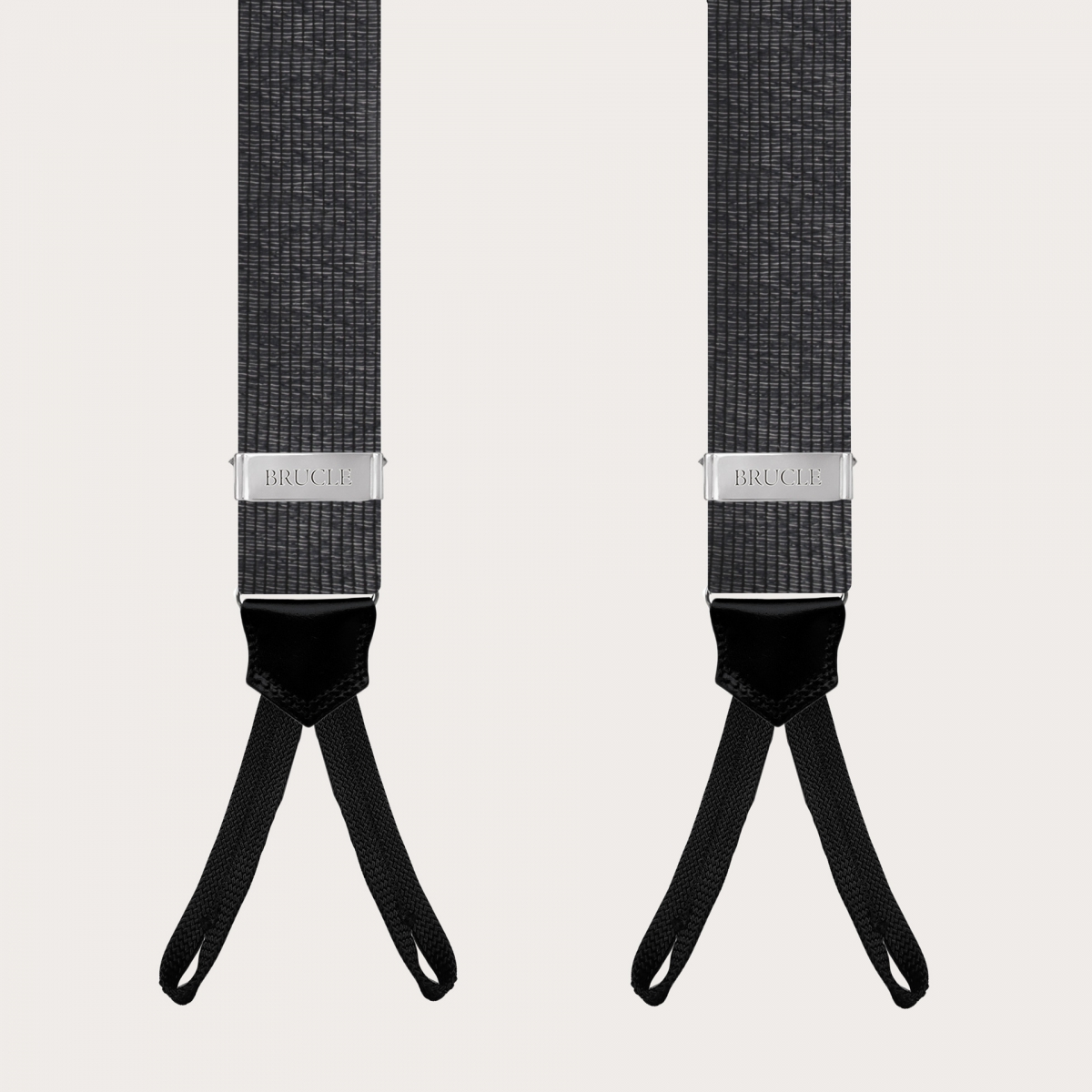 Elegante schwarze und silbermelierte Seiden-Hosenträger mit Knopflöchern