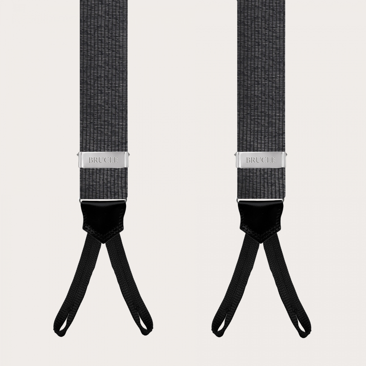 BRUCLE Elegante schwarze und silbermelierte Seiden-Hosenträger mit Knopflöchern
