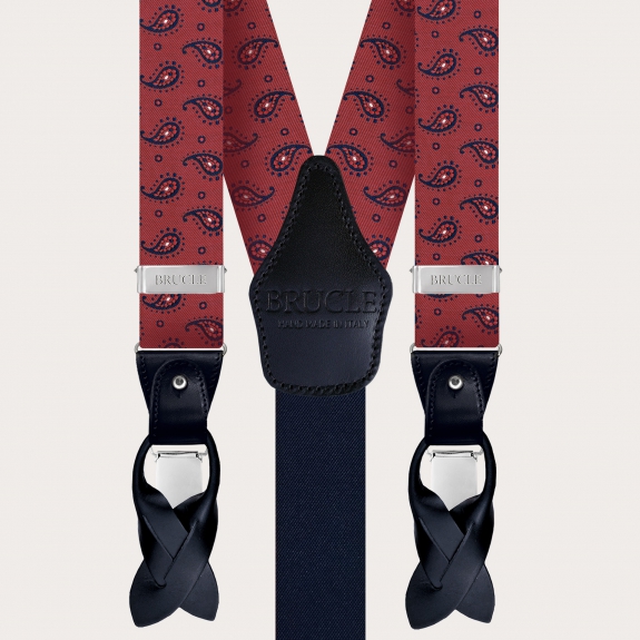 BRUCLE Silk suspenders with red and blue paisley pattern
