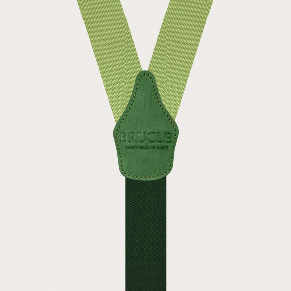 Suspenders in luminous green silk with hand colored leather