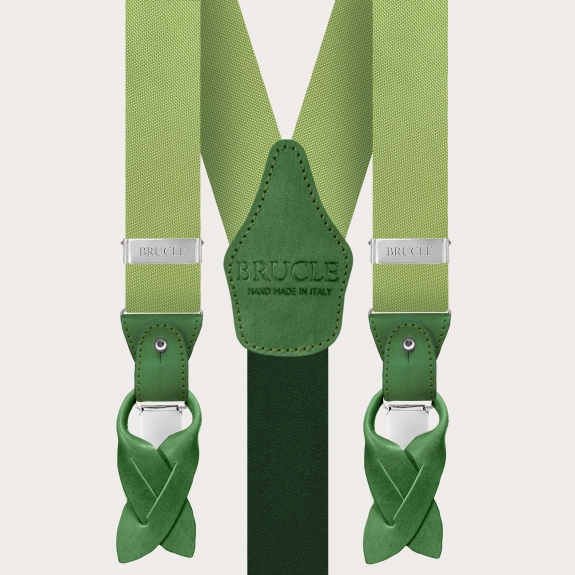 Hosenträger aus leuchtend grüner Seide mit handgefärbtem Leder