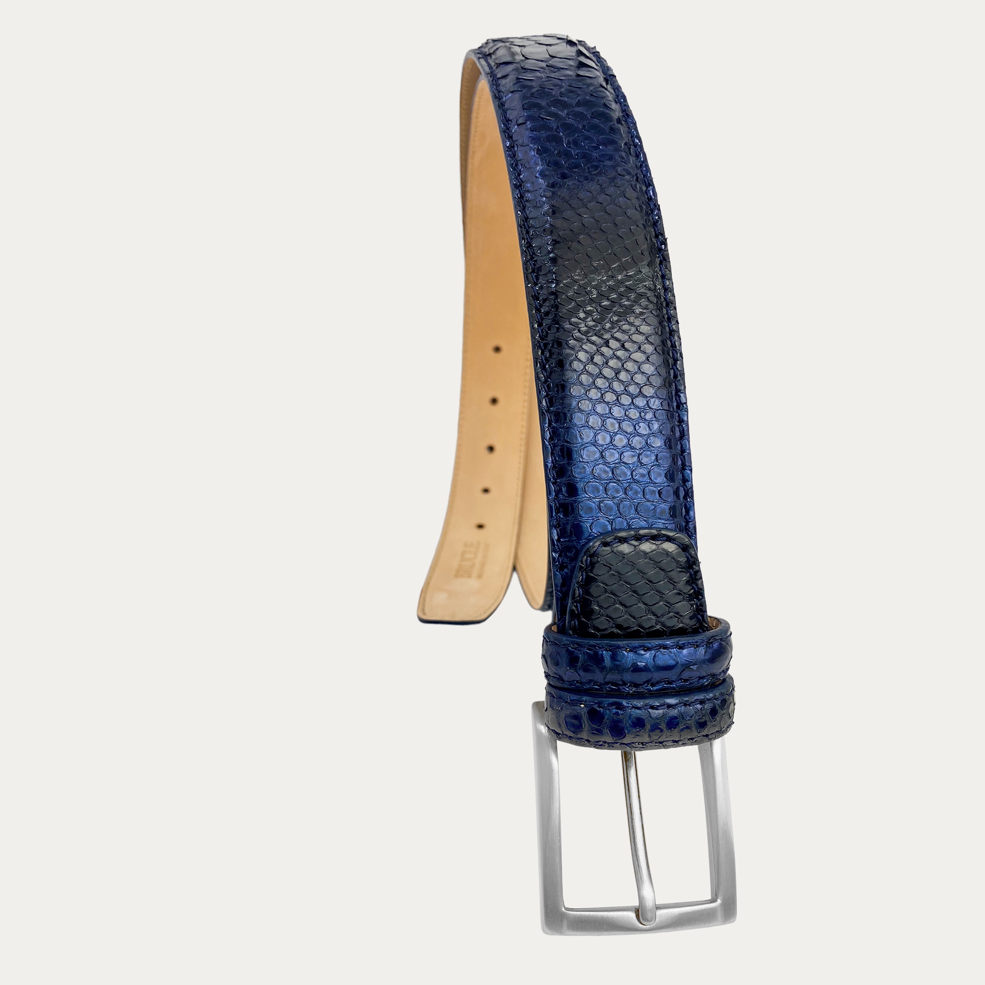 Ceinture en cuir de python bleu métallique, sans nickel