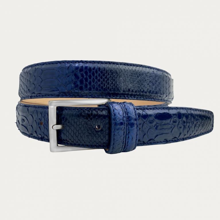 Ceinture élégante en python bleu brillant, sans nickel