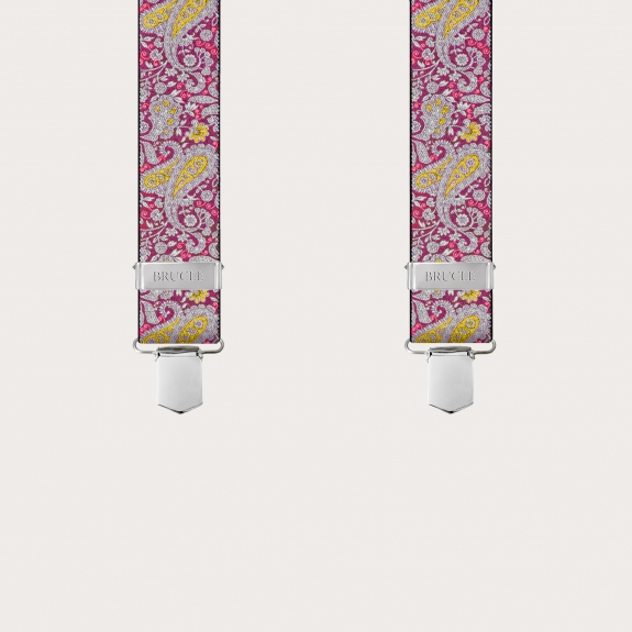 BRUCLE Hosenträger mit Clips in magenta und gelbem Kaschmirmuster
