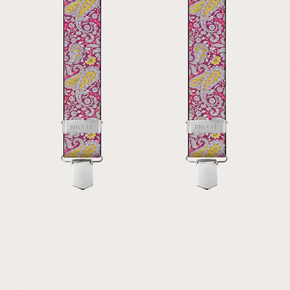 BRUCLE Hosenträger mit Clips in magenta und gelbem Kaschmirmuster