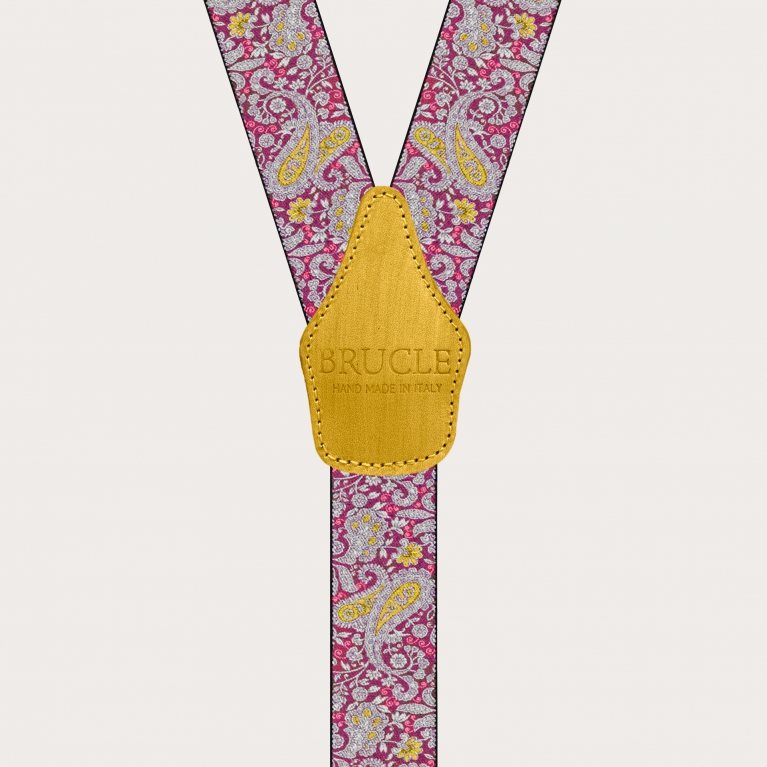 Bretelle con clip in fantasia paisley, magenta e giallo