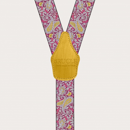 Bretelle con clip in fantasia paisley, magenta e giallo