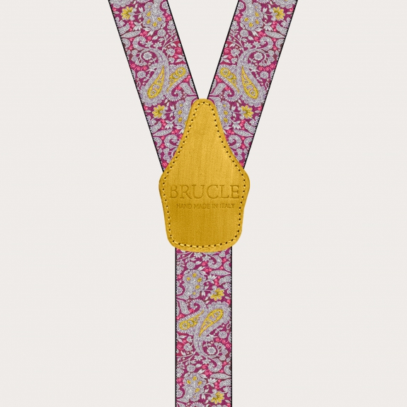 BRUCLE Suspenders with clips in magenta and yellow cashmere pattern