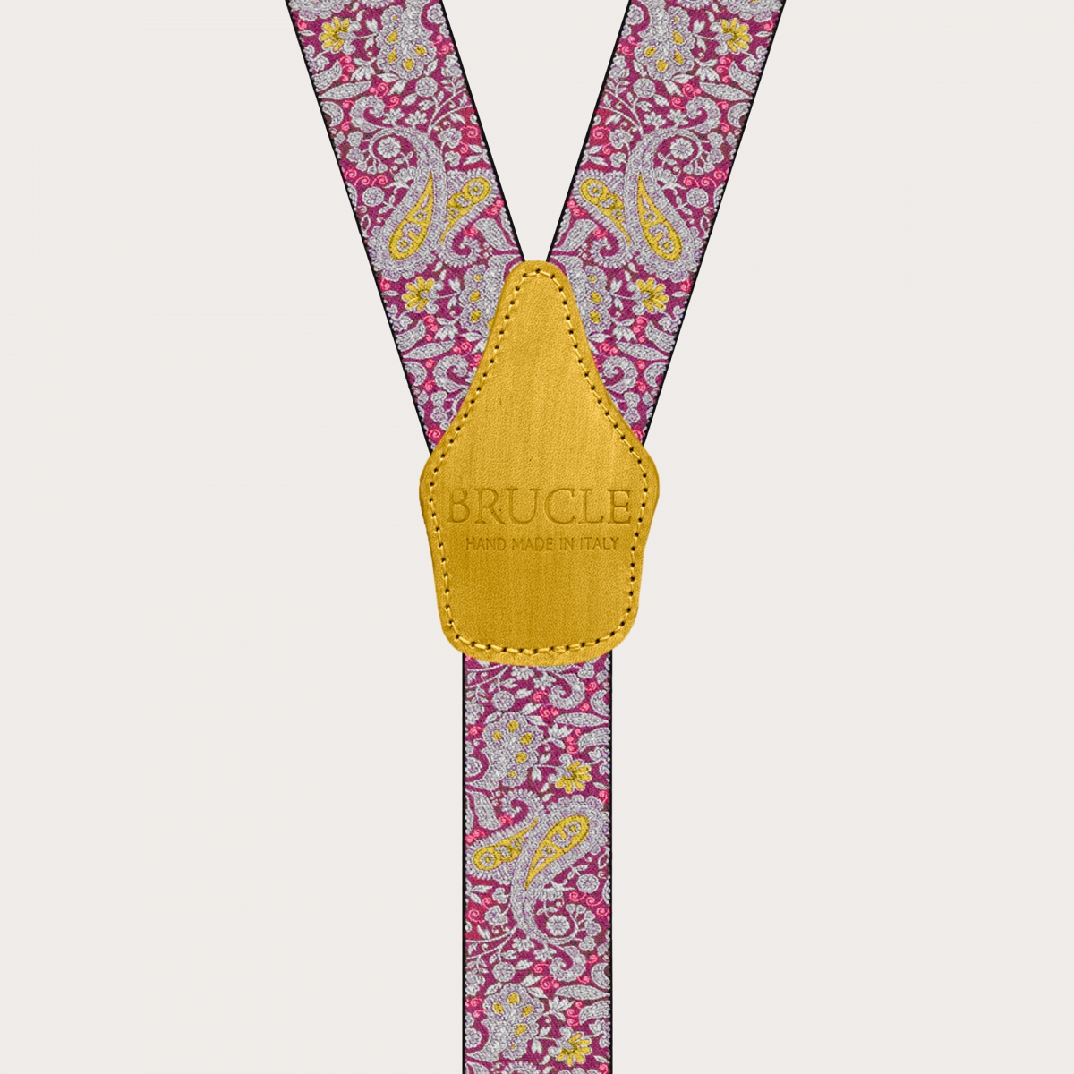 BRUCLE Suspenders with clips in magenta and yellow cashmere pattern