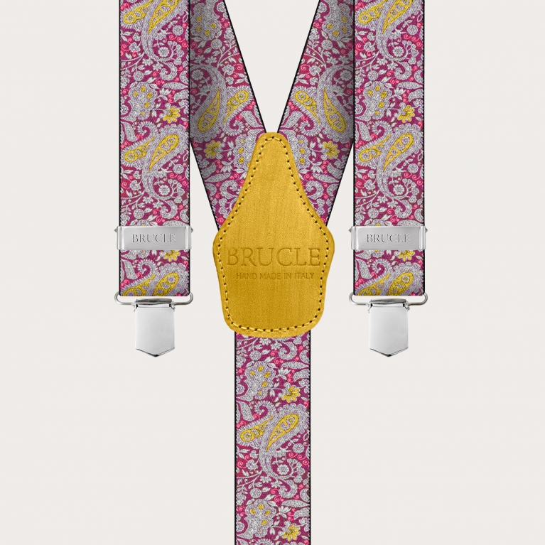 Suspenders with clips in magenta and yellow paisley pattern