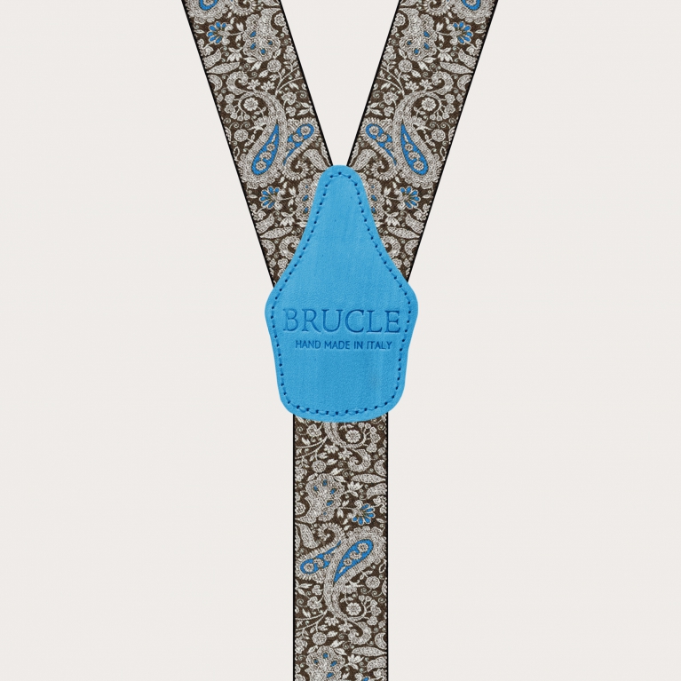 Suspenders with clips in brown and blue paisley pattern