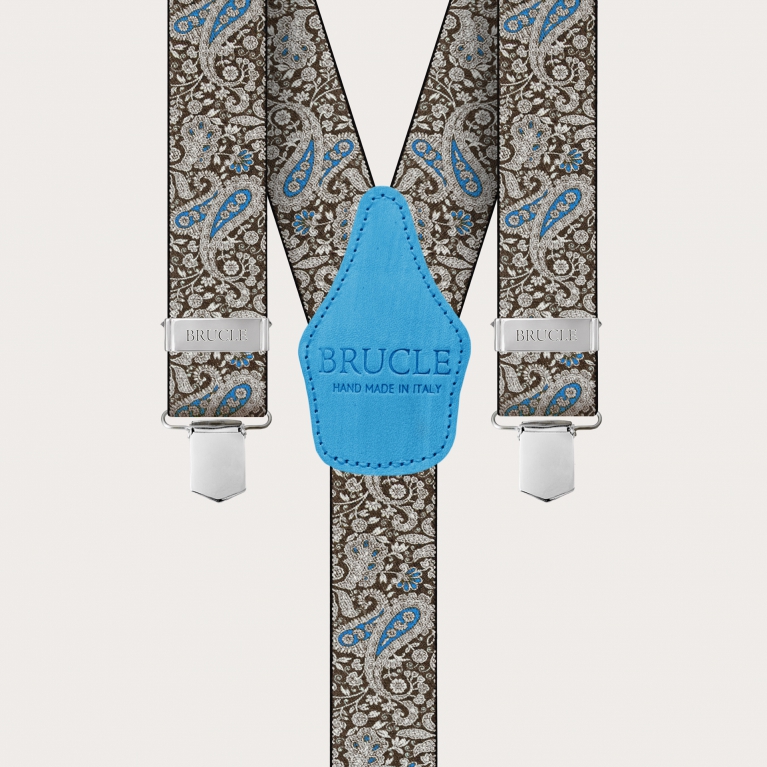 Bretelle con clip in fantasia paisley, marrone e azzurro