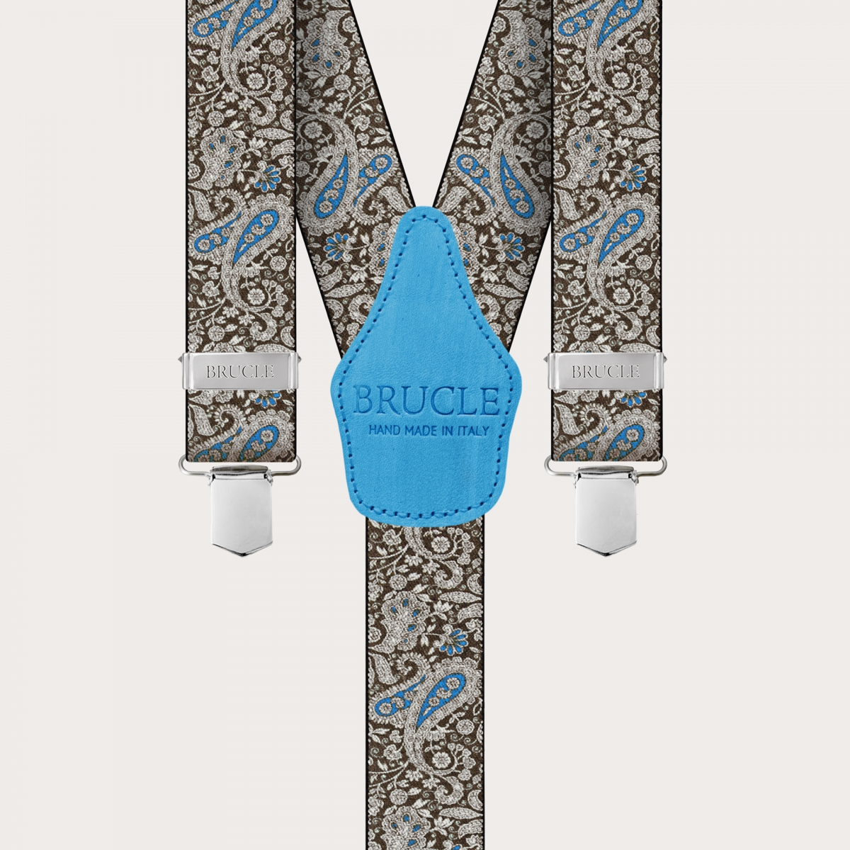 BRUCLE Bretelle con clip in fantasia cachemire, marrone e azzurro