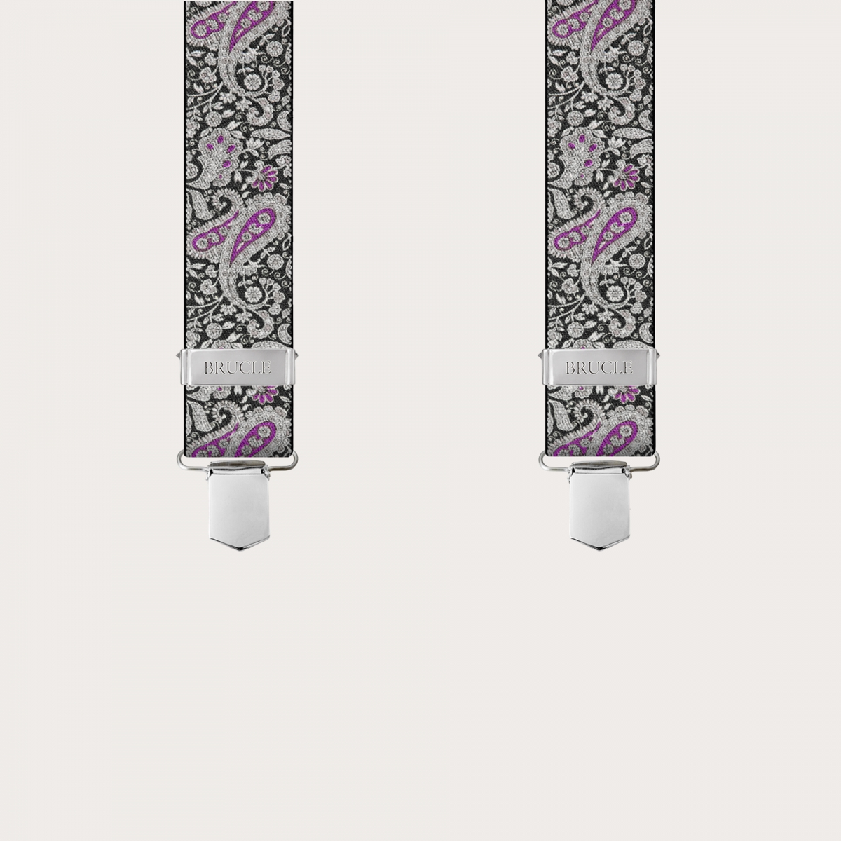 BRUCLE Suspenders with clips in black and purple cashmere pattern