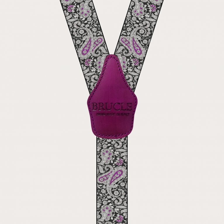 Suspenders with clips in black and purple paisley pattern