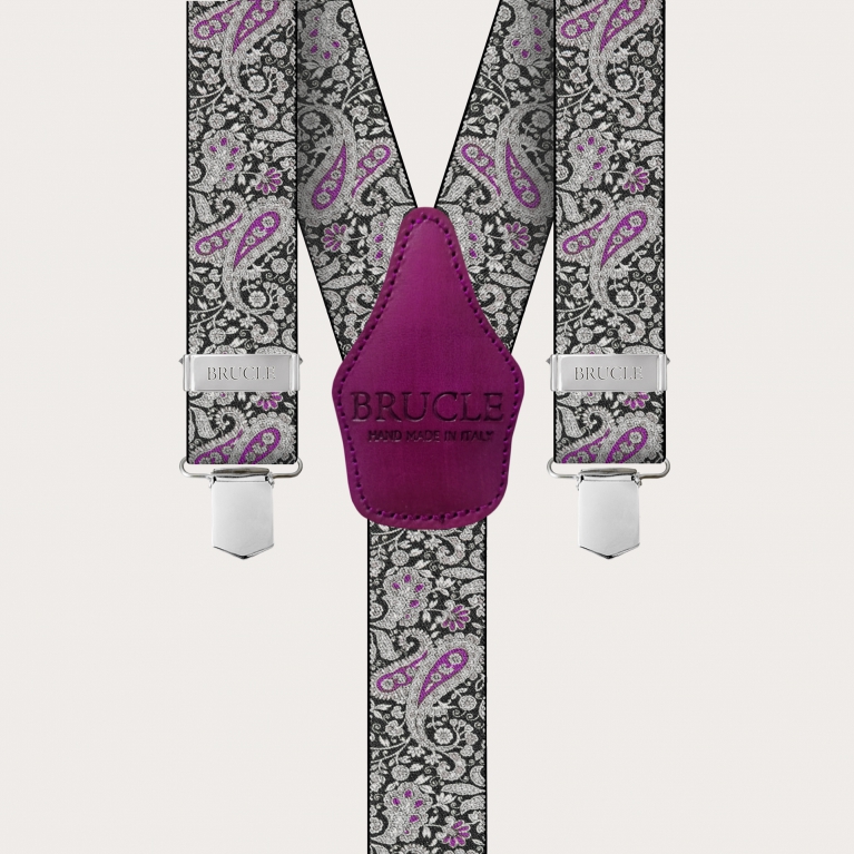 Tirantes con clips en estampado paisley negro y morado