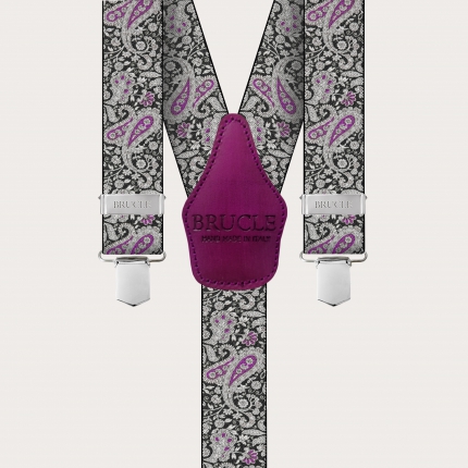 Bretelles à clips en motif paisley noir et violet
