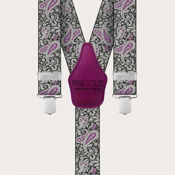 BRUCLE Hosenträger mit Clips in schwarz-violettes Kaschmirmuster