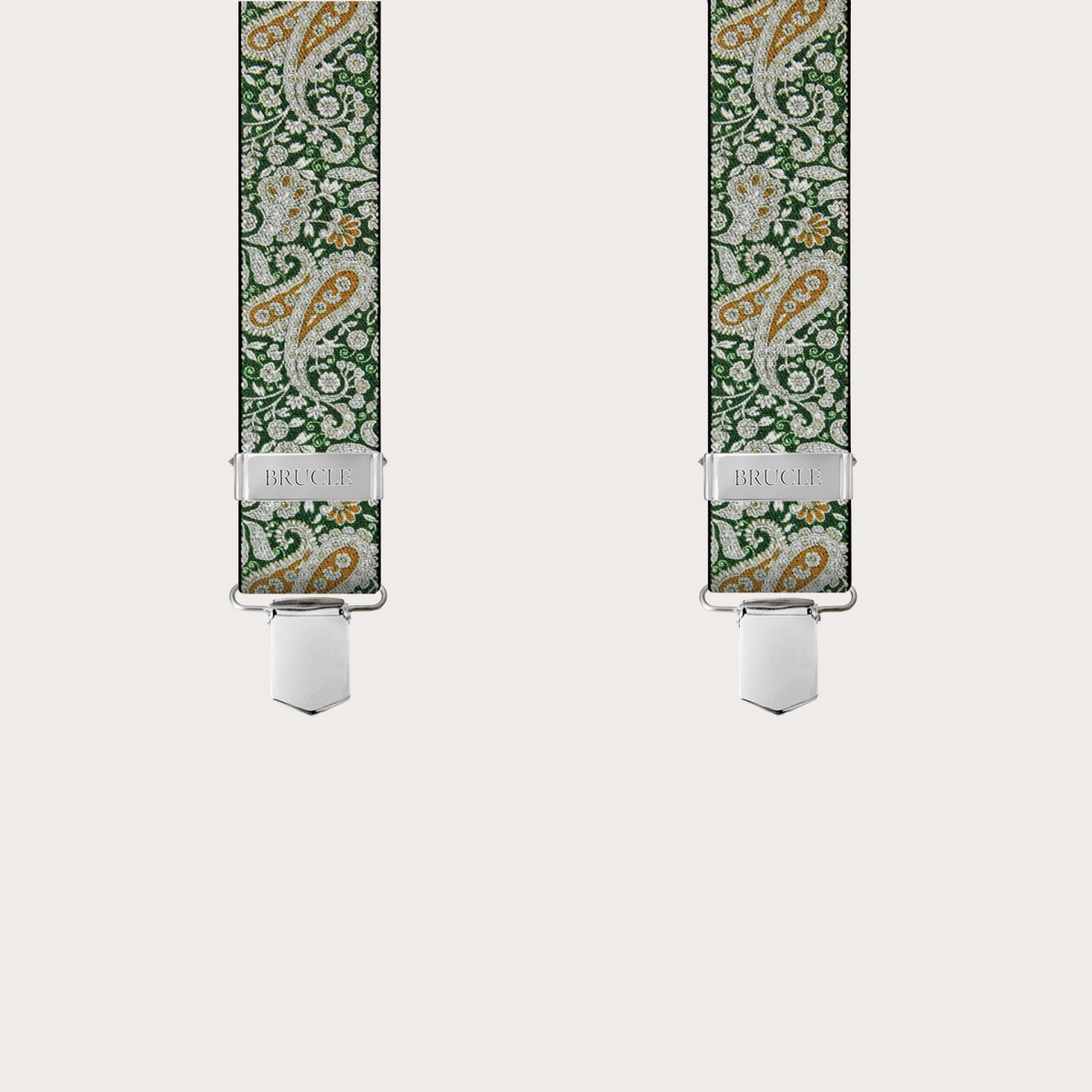 BRUCLE Suspenders with clips in green and gold cashmere pattern