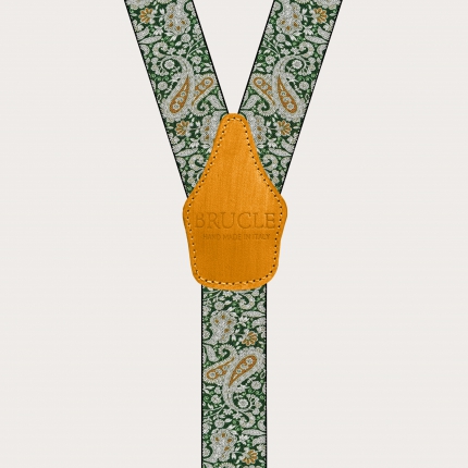 Suspenders with clips in green and gold paisley pattern