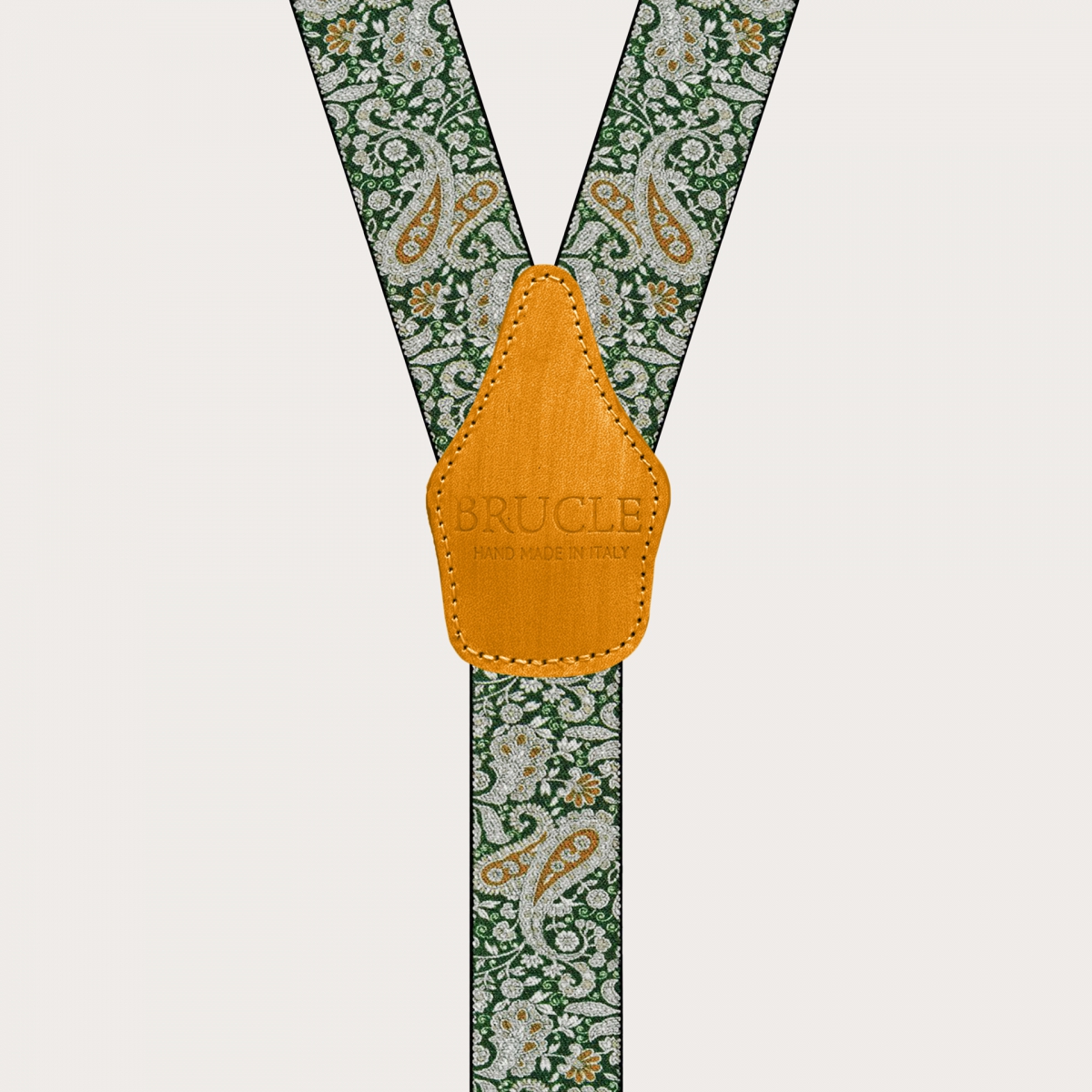 BRUCLE Bretelle con clip in fantasia cachemire, verde e gold