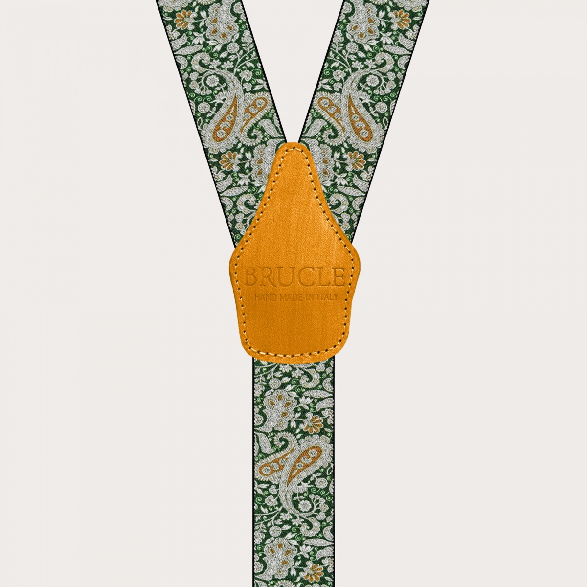 BRUCLE Suspenders with clips in green and gold cashmere pattern